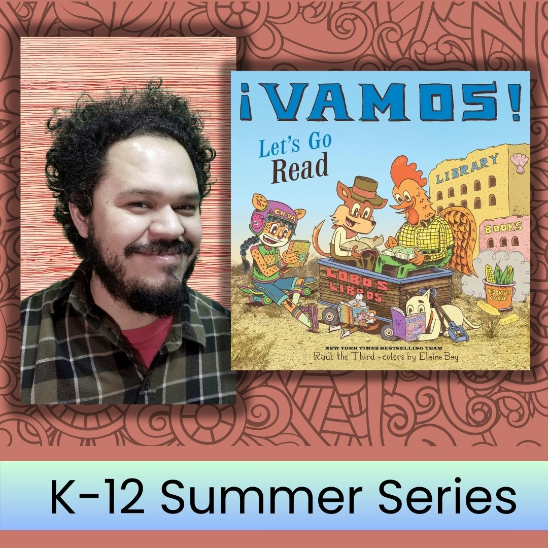 A person next to a colorful book cover titled "¡VAMOS! Let's Go Read" with animal characters. Text: "K-12 Summer Series."