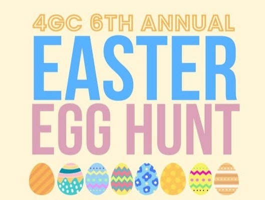 A promotional image for the 6th Annual Easter Egg Hunt, featuring colorful decorated eggs and event details.