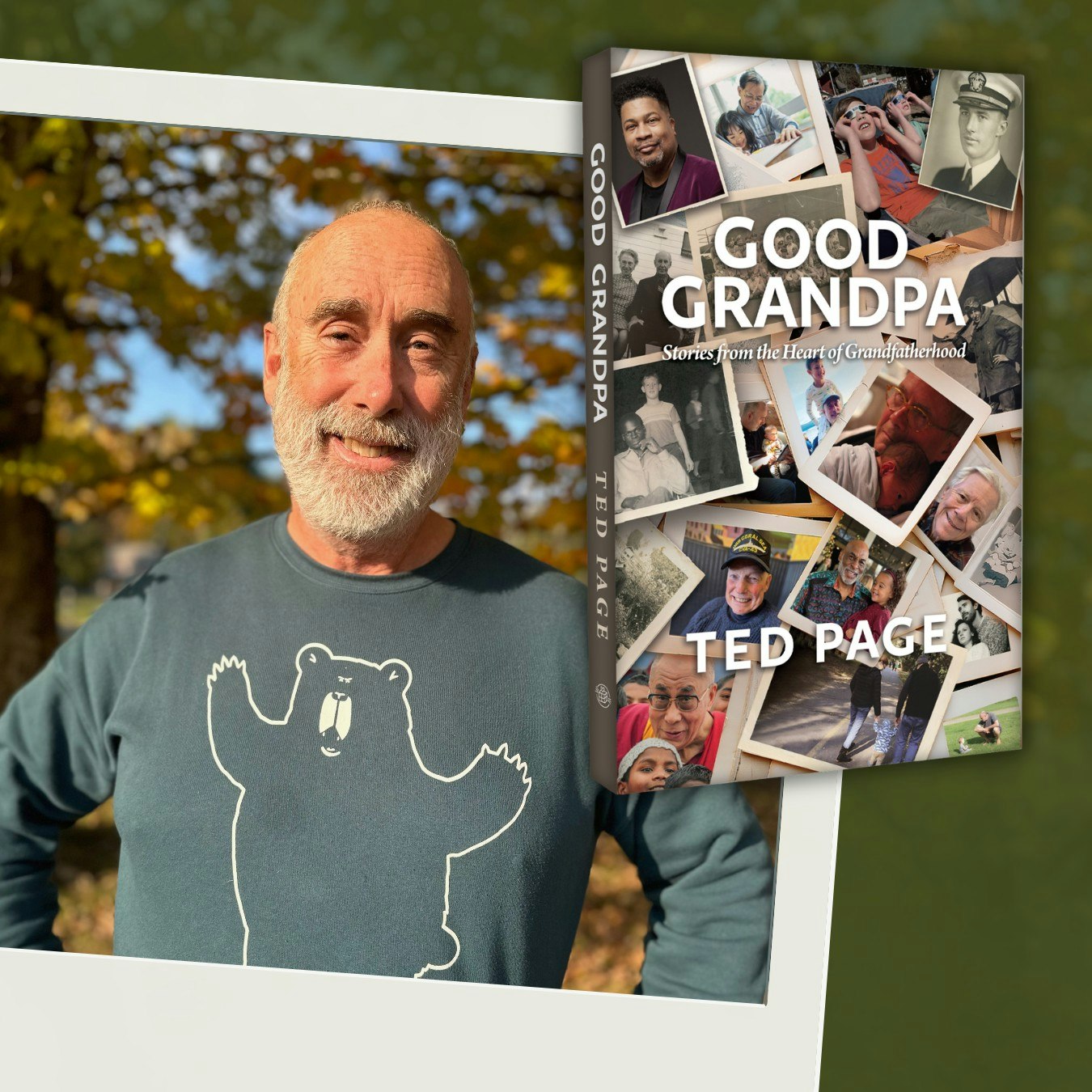 A smiling man in a bear-themed sweater stands next to a book titled "Good Grandpa" by Ted Page, featuring family photos.