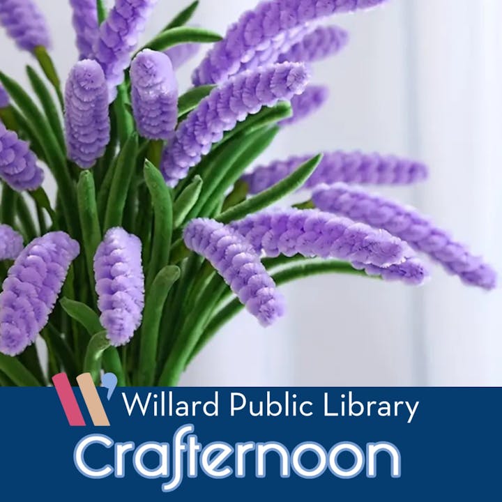 The image features a colorful bouquet of purple pipe cleaner flowers with green stems, promoting a crafting event at Willard Public Library.