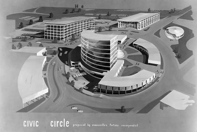 Retro-futuristic architectural drawing of a civic center, circular in design, with surrounding buildings and roadways.