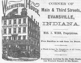 Vintage advertisement for Washington House hotel in Evansville, Indiana, mentioning amenities like a free omnibus and meals for travelers.