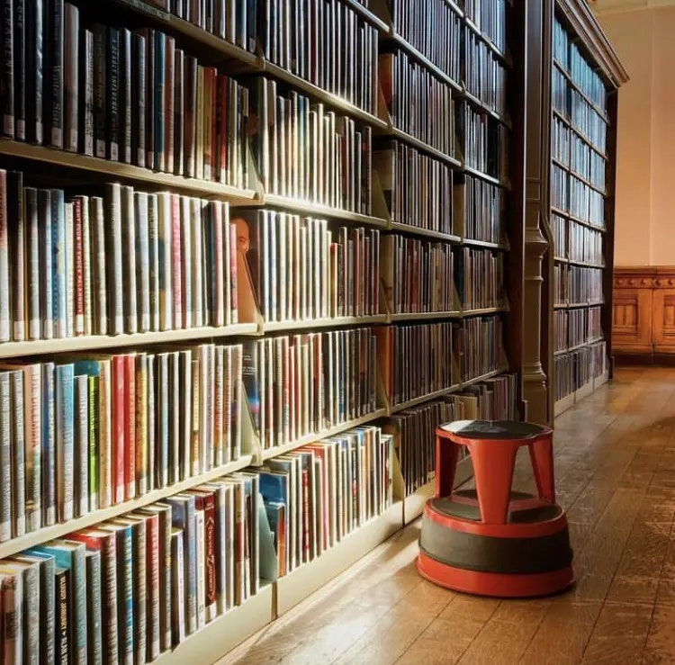A book-filled library shelf with a step stool.