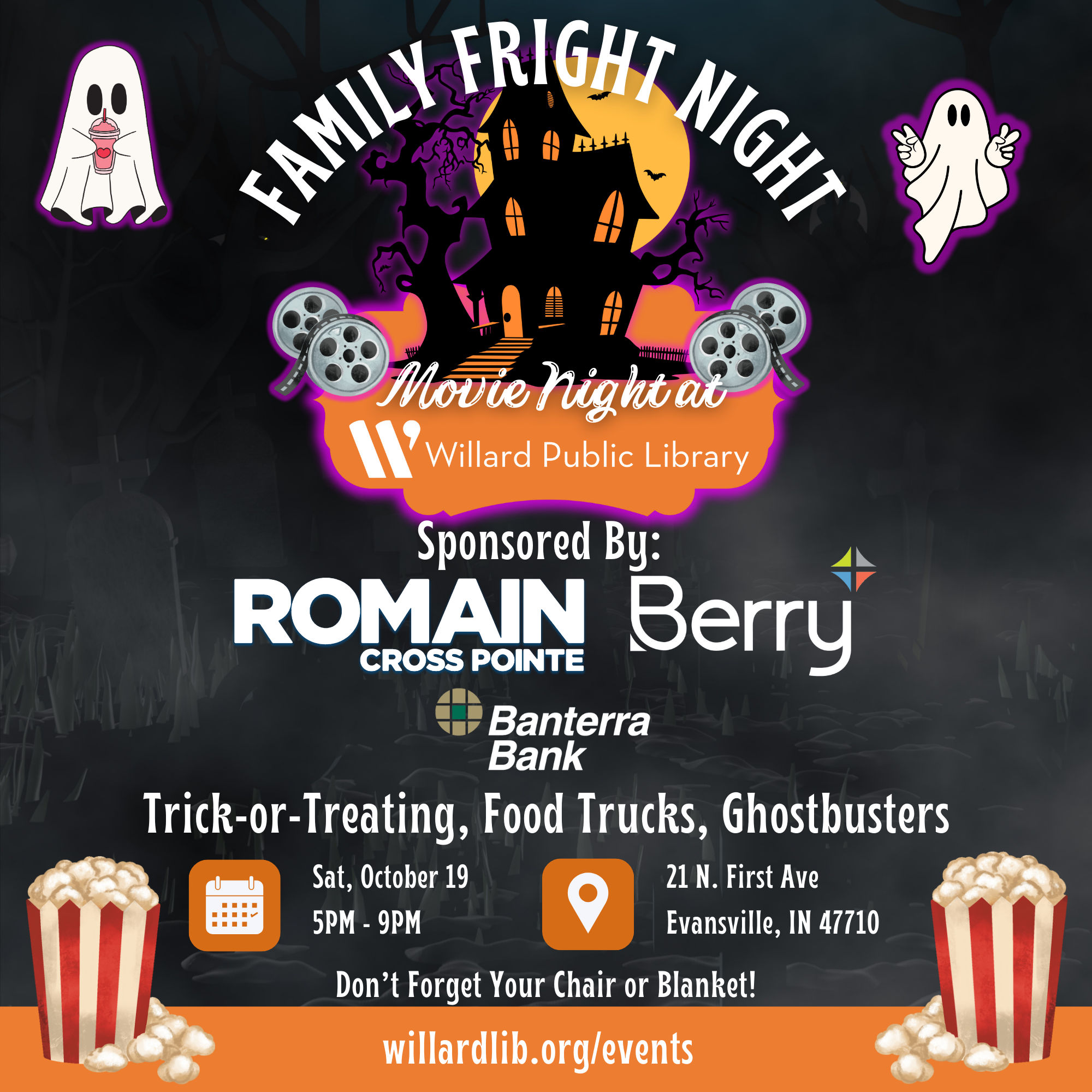 Halloween-themed event poster for "Family Fright Night Movie Night" with details on activities, time, location, and sponsors.
