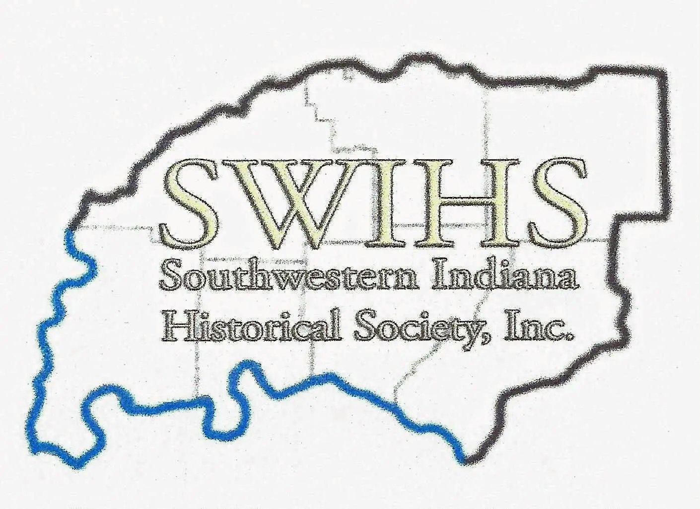Logo of the Southwestern Indiana Historical Society, with an outline of Indiana and blue river detail.