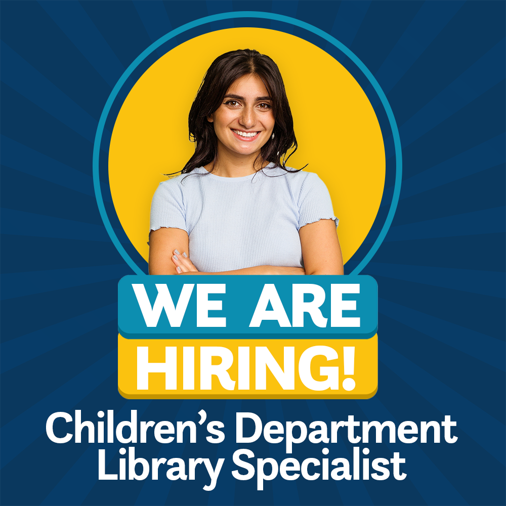 The image shows a hiring announcement for a Children's Department Library Specialist position, featuring a smiling individual.