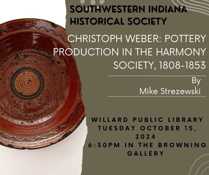 Event poster for a talk on pottery by Christoph Weber at the Willard Public Library.