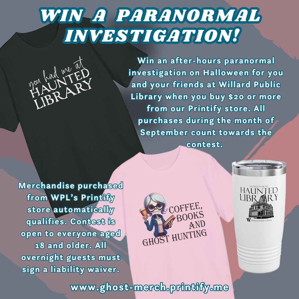 Promotional image for a contest to win a paranormal investigation with merchandise examples: T-shirts and a tumbler.