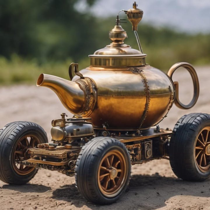 A steampunk-style teapot car model with wheels, outdoors.
