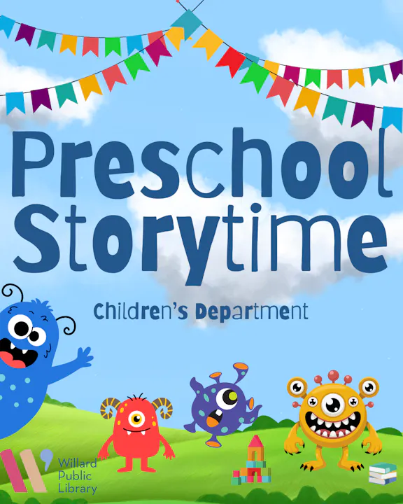 The image promotes "Preschool Storytime" at Willard Public Library, featuring colorful monsters and festive decorations.