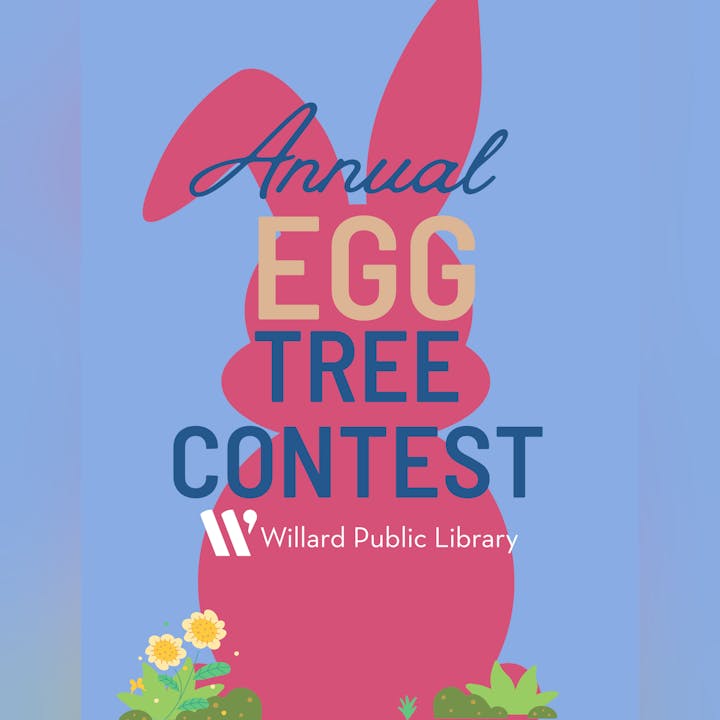 Poster for the "Annual Egg Tree Contest" hosted by Willard Public Library, with a pink bunny silhouette and flowers.