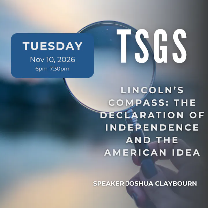 Event titled "Lincoln's Compass" on Nov 10, 2026, 6-7:30 PM, featuring speaker Joshua Claybourn.