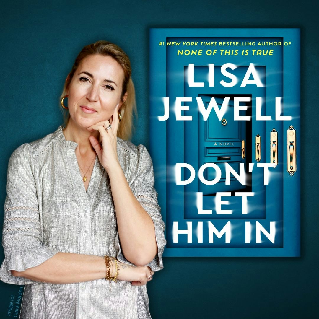 A person standing beside the book cover "Don't Let Him In" by Lisa Jewell.