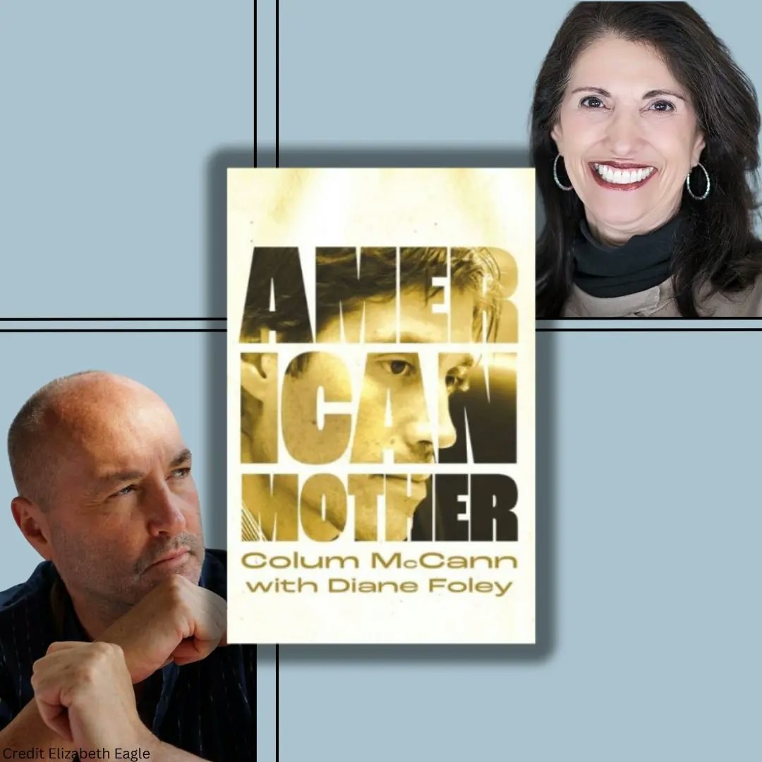 A man and a woman smiling, and a book titled "Apeirogon" by Colum McCann, with a credit to Elizabeth Eagle.