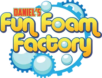The image features a colorful logo for "Daniel's Fun Foam Factory," incorporating gears and bubbles in its design.
