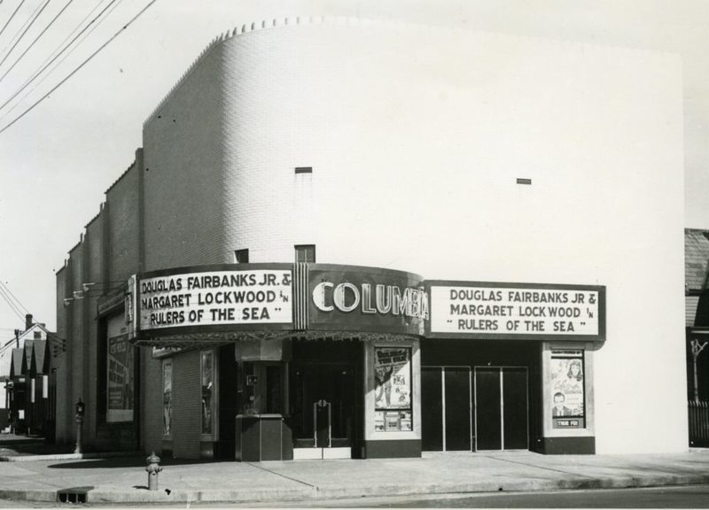 Vintage photo of Columbia movie theater showing "Rulers of the Sea".