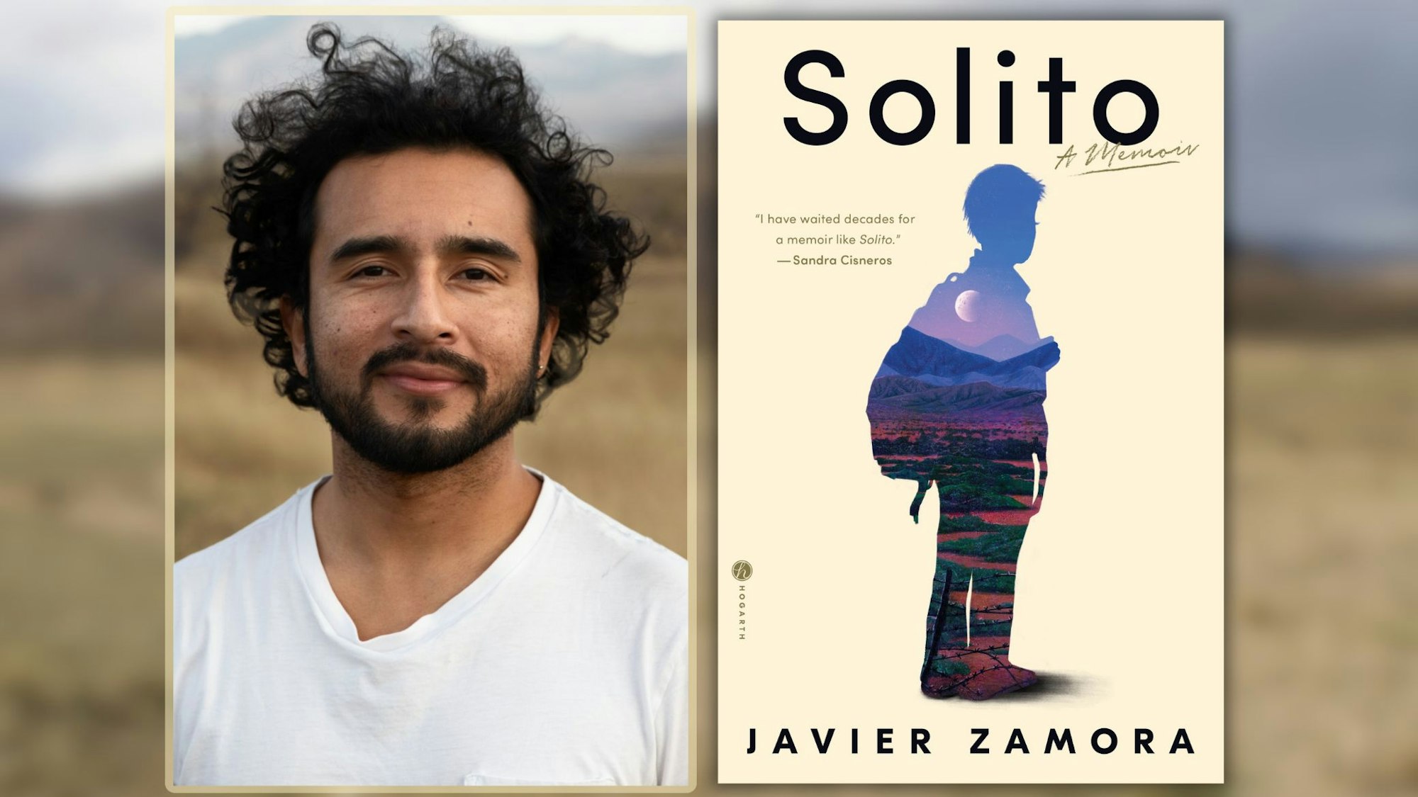 A man on the left and the cover of "Solito: A Memoir" on the right.