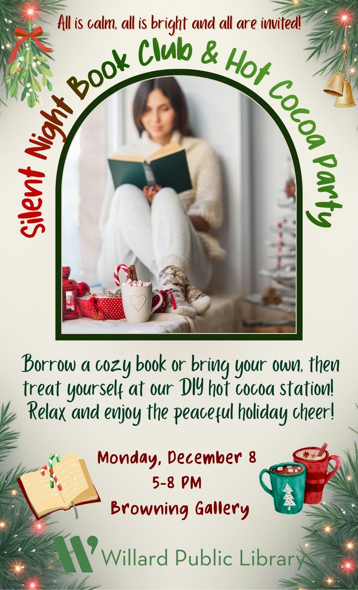 Silent Night Book Club & Hot Cocoa Party invite; Dec 8, 5-8 PM, Browning Gallery, hosted by Willard Public Library.