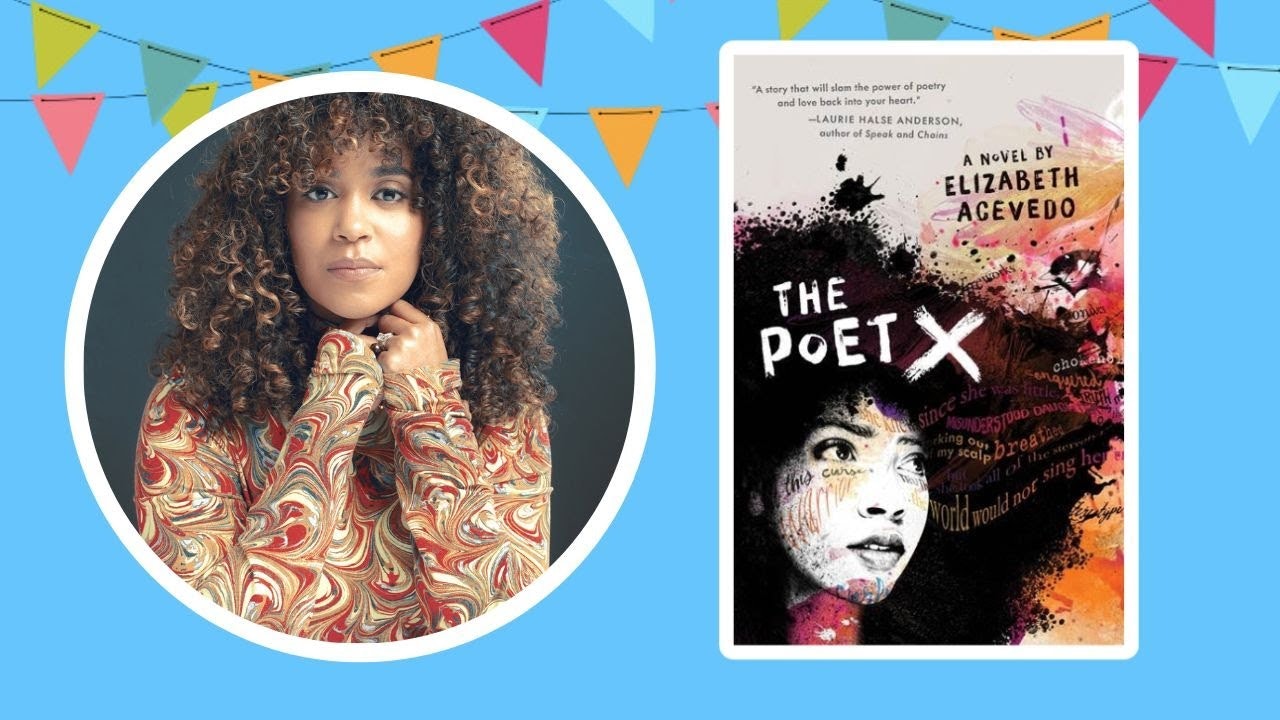 A person and a book cover for 'The Poet X' by Elizabeth Acevedo, decorated with festive bunting.