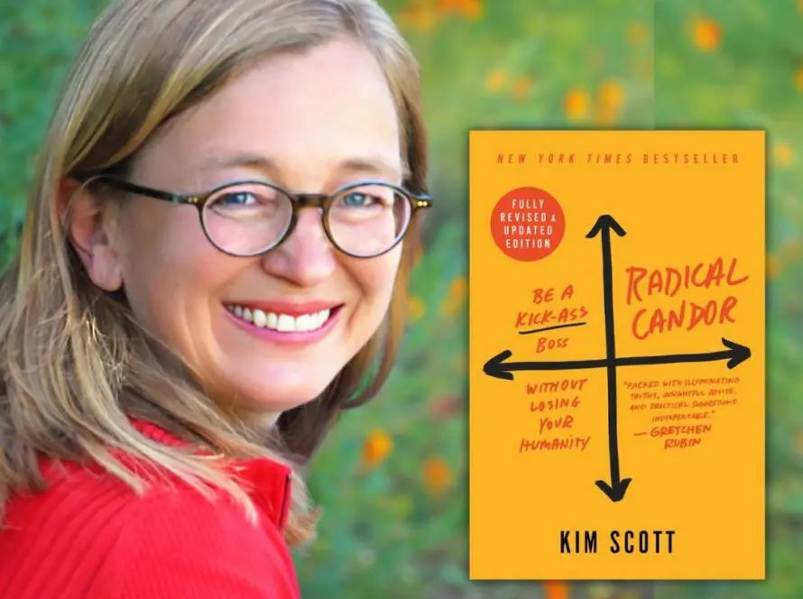A woman smiling next to a book titled "Radical Candor" by Kim Scott.