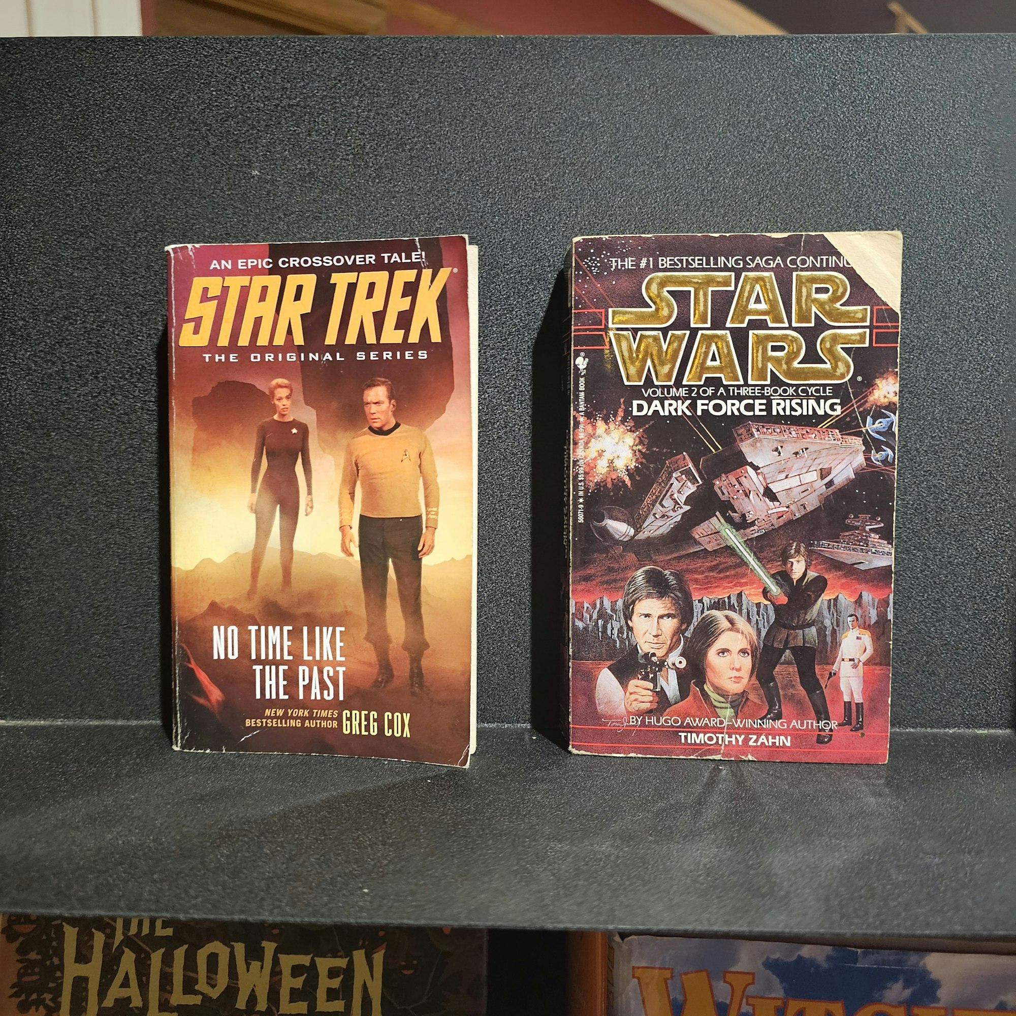 Two books: "Star Wars: Dark Force Rising" and "Star Trek: To The Hilt."