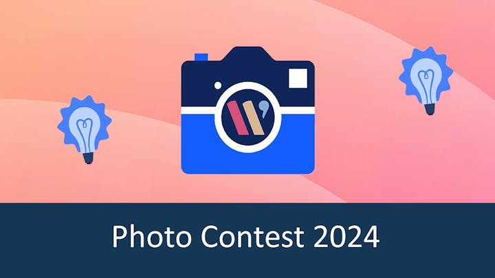Graphic for "Photo Contest 2024" with a stylized camera icon and light bulb graphics.
