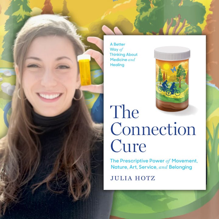 A woman holds a small bottle, next to the book cover "The Connection Cure" by Julia Hotz, featuring nature and wellness imagery.