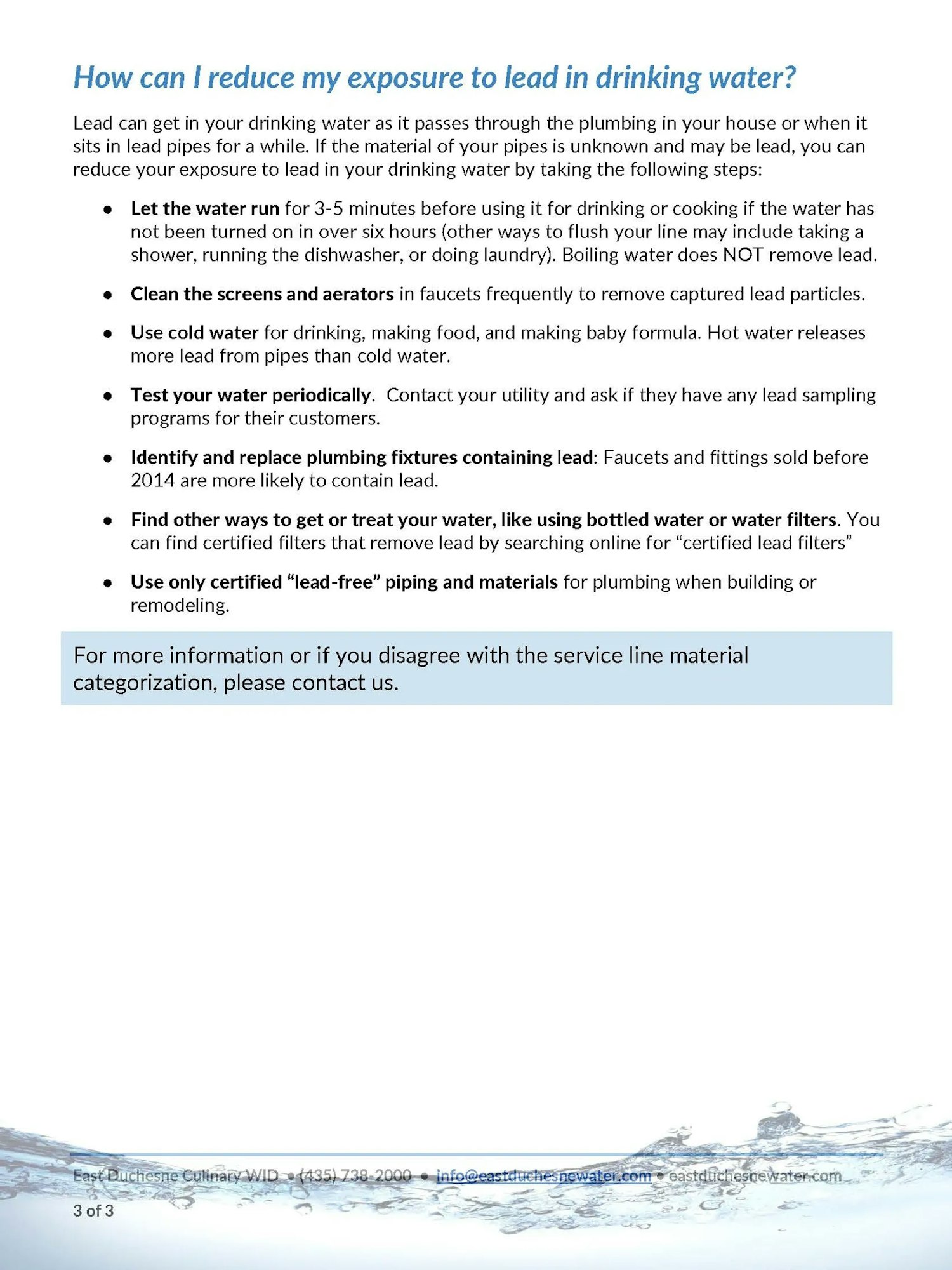 Tips to reduce lead in drinking water: run tap, clean faucets, use cold water, test water, replace old fixtures, use filters, certified materials.
