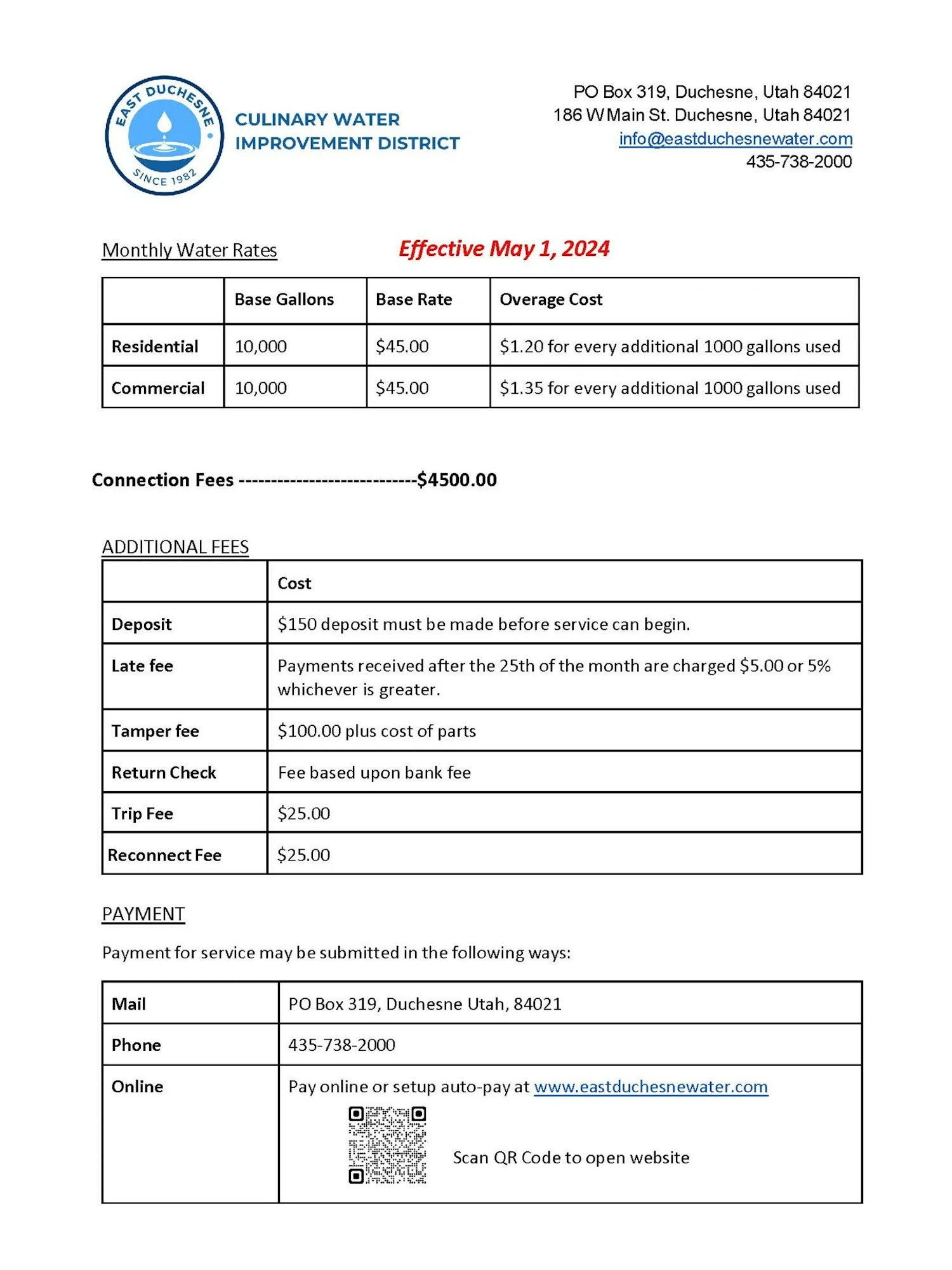 East Duchesne water rates and fees effective May 1, 2024, with payment options by mail, phone, and online.