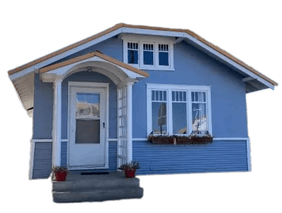 A small blue house with white trim, front steps, and flower boxes under the windows.