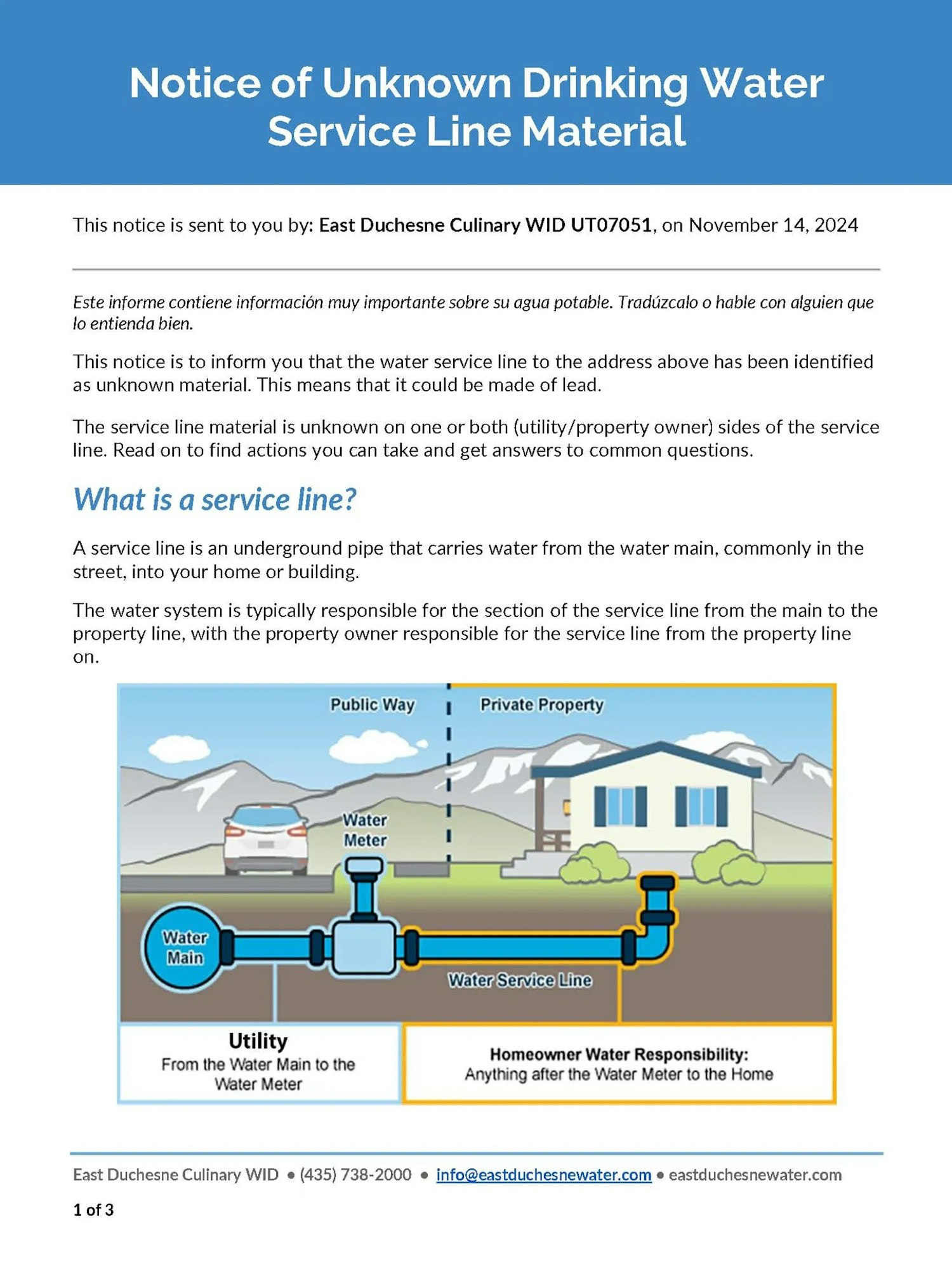 Notice about unknown drinking water service line material, possibly lead, with a diagram and contact info from East Duchesne Culinary.