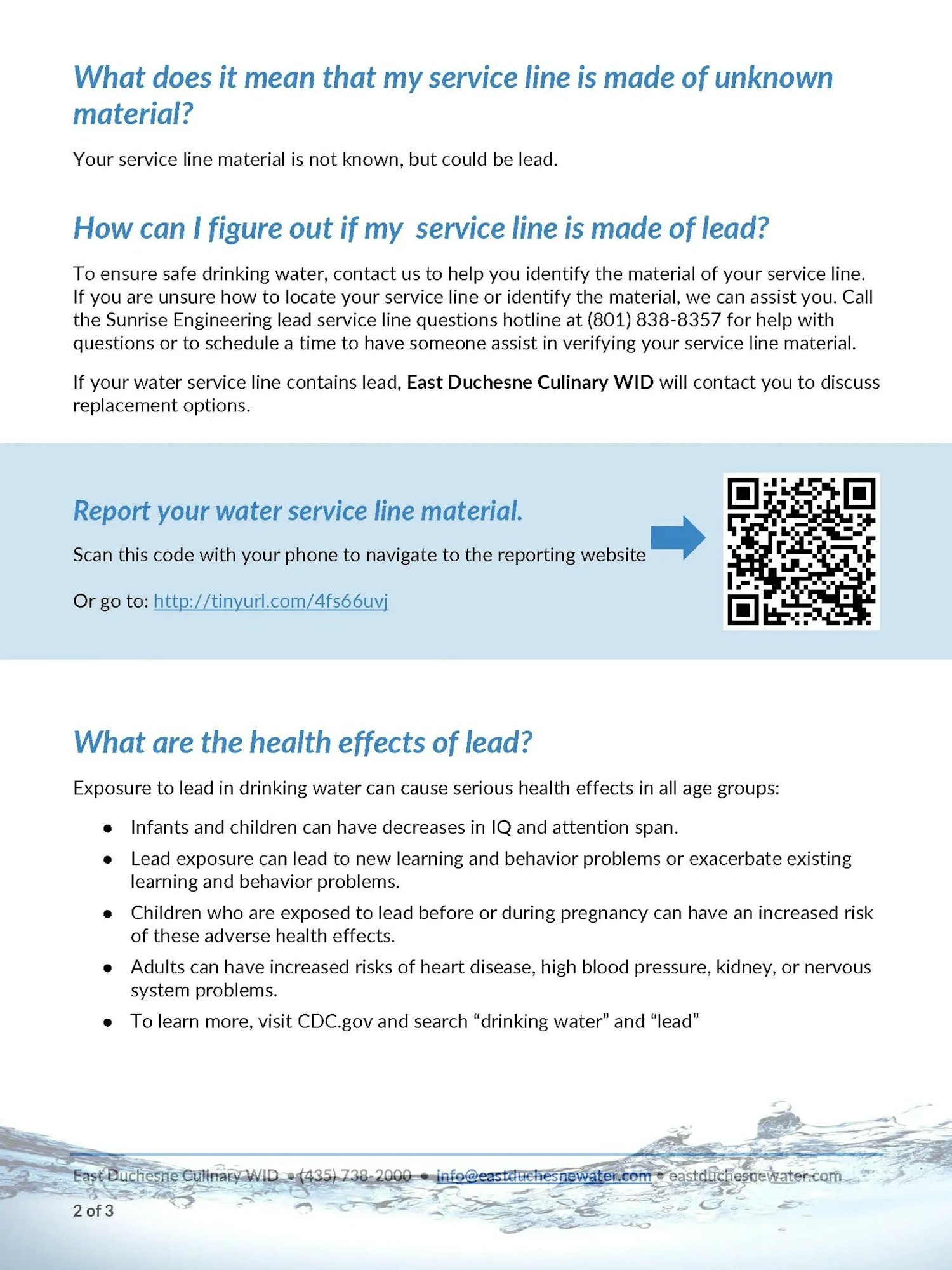 Tips on identifying lead in service lines, reporting it, and the health effects of lead exposure. Includes contact info and QR link.