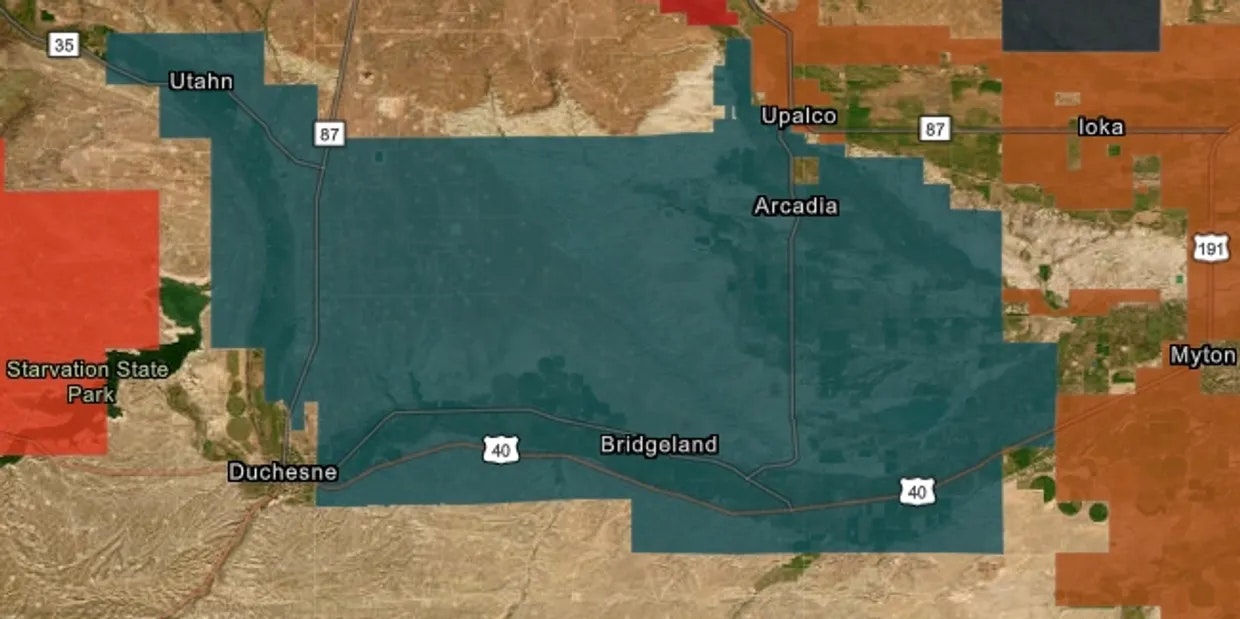 Map showing areas in Utah, including Duchesne, Bridgeland, and Myton, with highways and Starvation State Park highlighted.