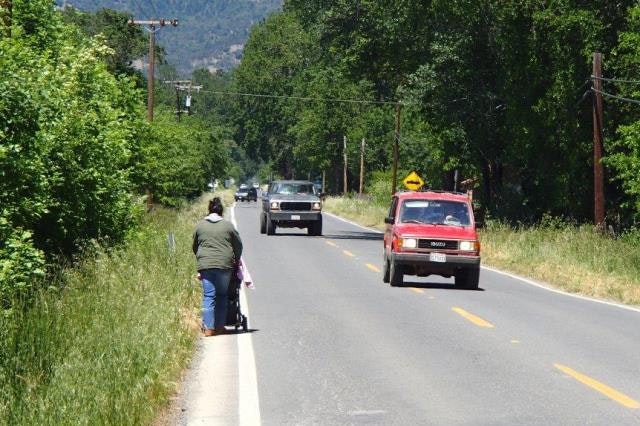 A person with a stroller stands by a rural road as cars pass by, surrounded by greenery and trees in a sunny setting.