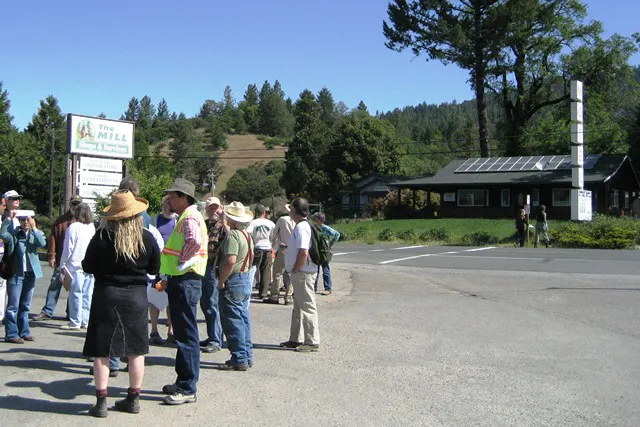 A group of people is gathered at a roadside near a sign for "The Mill," amidst a scenic, wooded area.