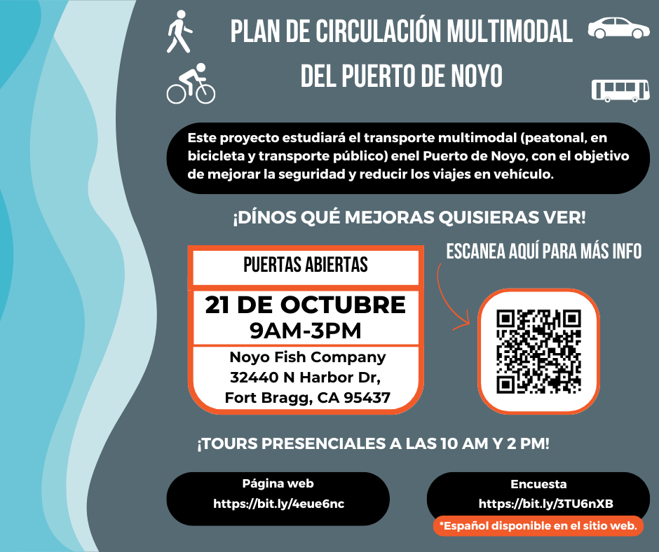 Spanish ad for a multimodal circulation plan at Puerto de Noyo, announcing an open house event with date, time, and address, plus a QR code.