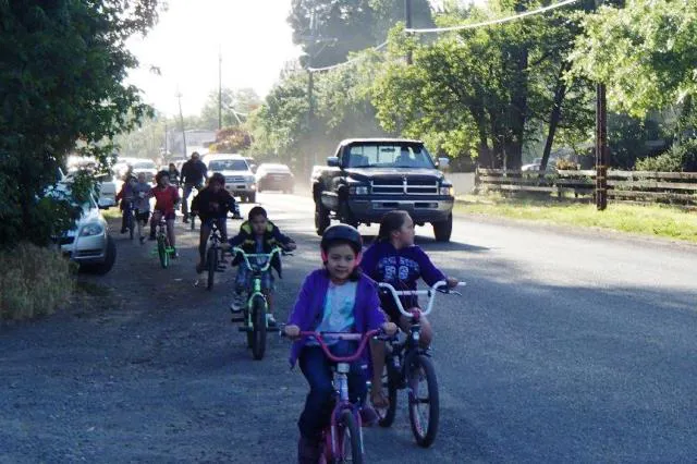 A group of children riding bicycles on a road with cars in the background and trees lining the street.