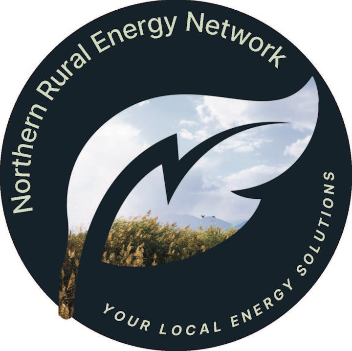 Logo with text: "Northern Rural Energy Network — Your Local Energy Solutions." Leaf and lightning bolt design in a circle with sky and landscape image inside.