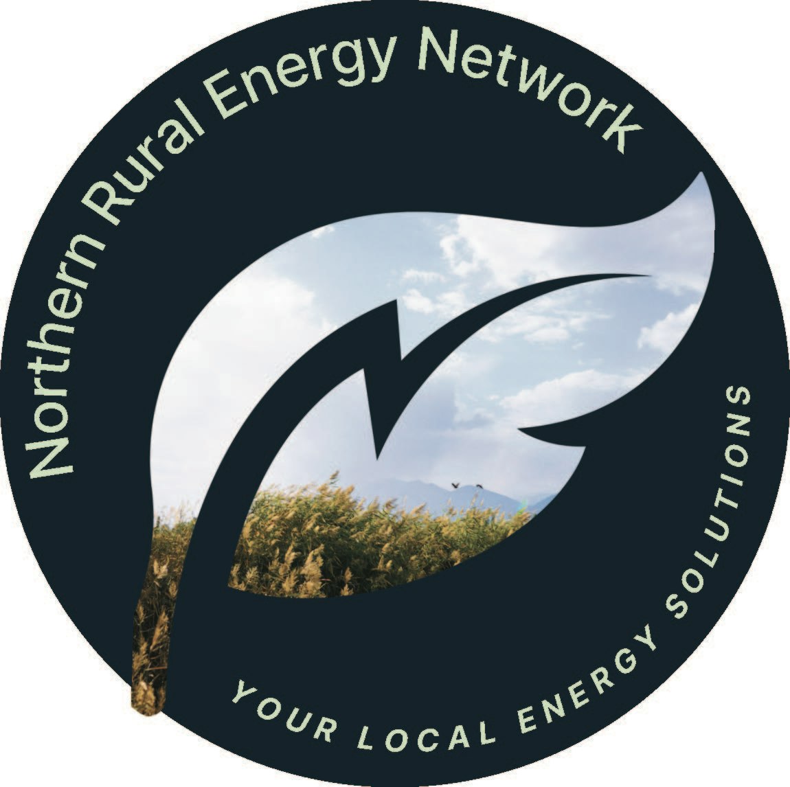 Logo with text: "Northern Rural Energy Network — Your Local Energy Solutions." Leaf and lightning bolt design in a circle with sky and landscape image inside.