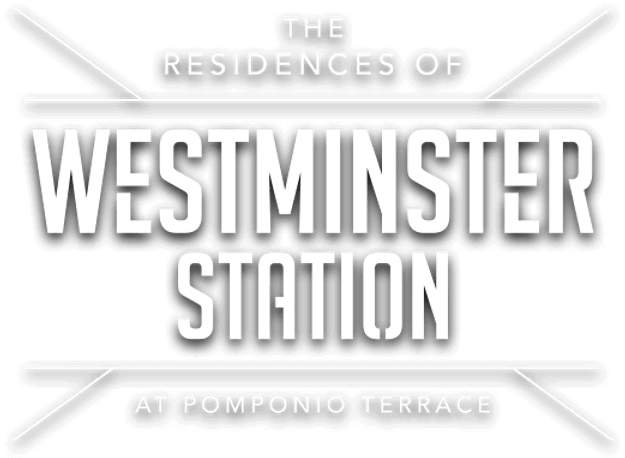 Graphic with text "The Residences of Westminster Station at Pomponio Terrace." Black and white design.