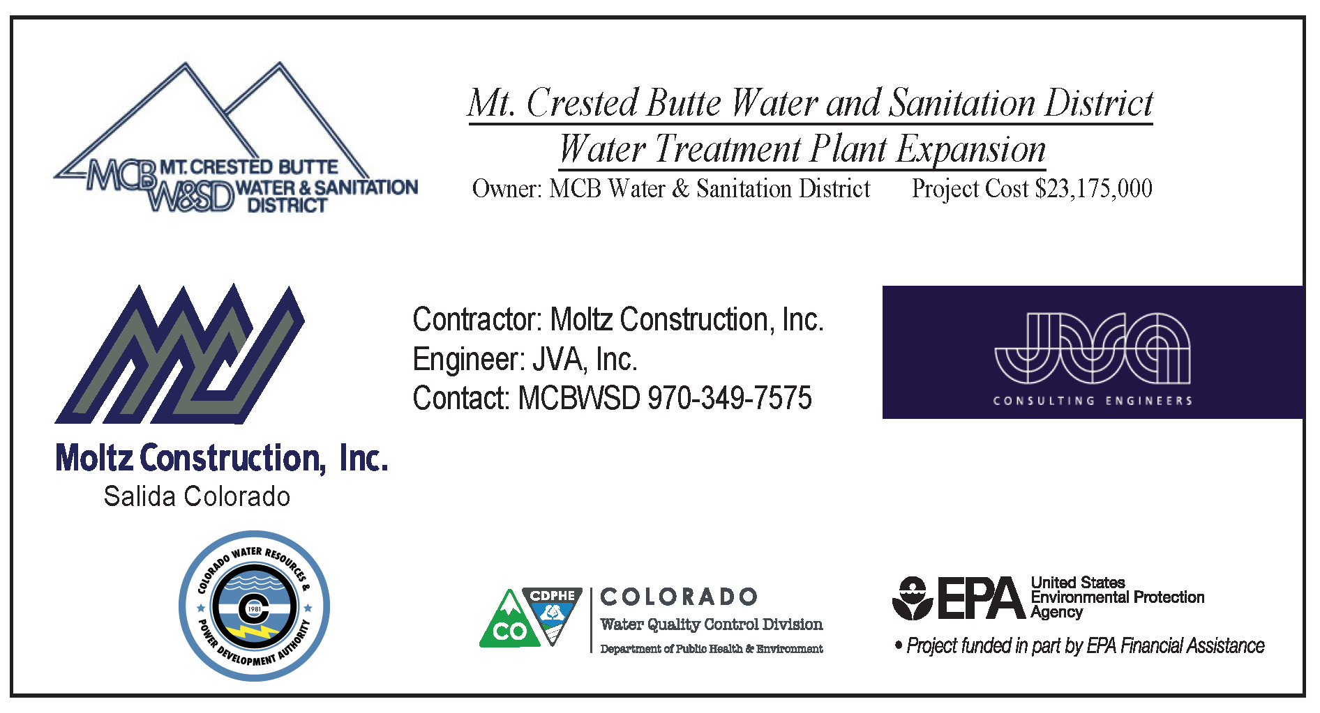 Sign for the Mt. Crested Butte Water Treatment Plant Expansion with contractor and engineer logos, contact info, and project cost.