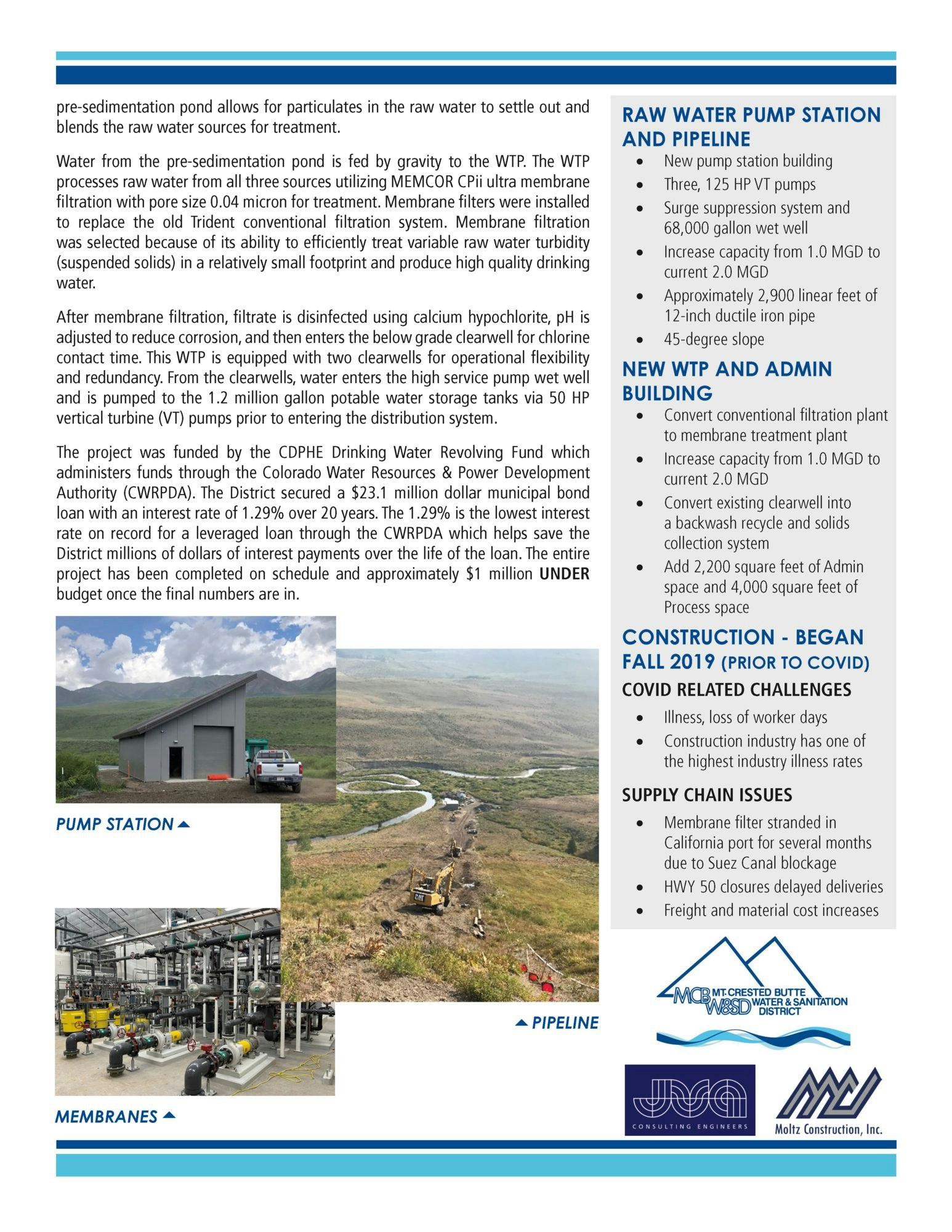 An infographic about a water pump station and treatment plant, detailing features, improvements, funding, and a construction overview with images.
