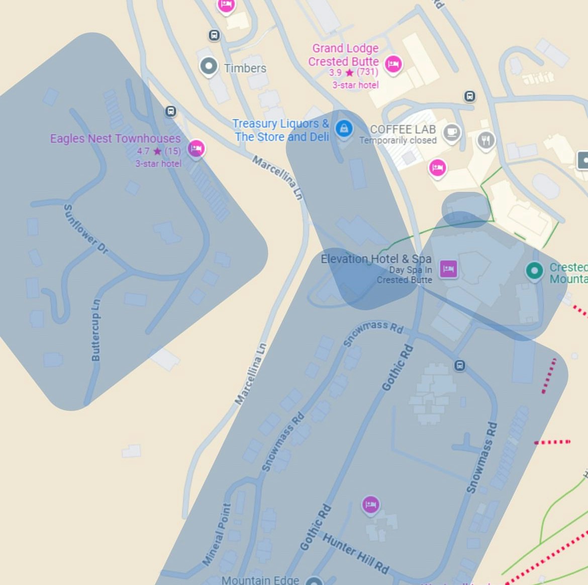 A map featuring hotels, a spa, and streets near mountains, with some icons indicating business locations. Shaded areas indicate possible water outage