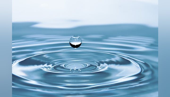 A single water droplet creates ripples on a calm water surface.