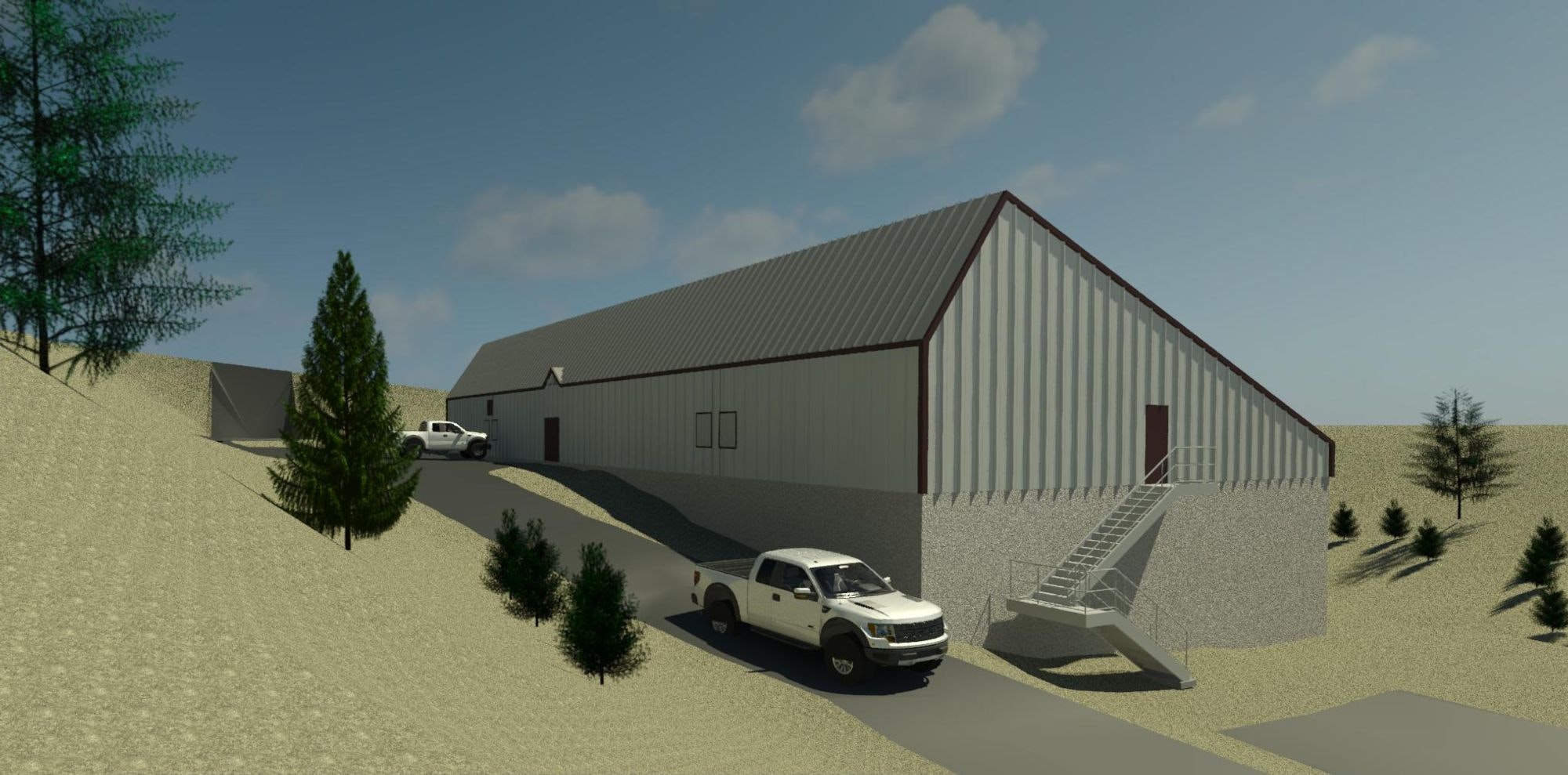 A 3D rendering of a large industrial building with external stairs, surrounded by trees and two pickup trucks.