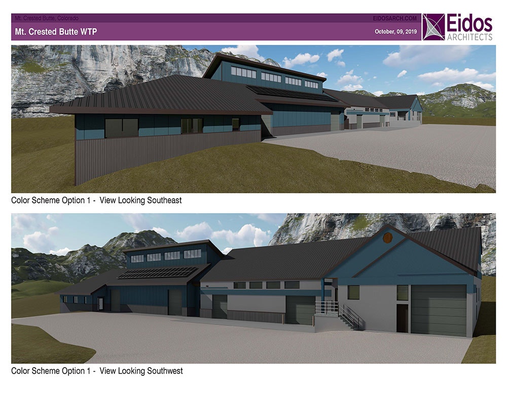 Architectural renderings of a building in two different color schemes with a mountain backdrop.