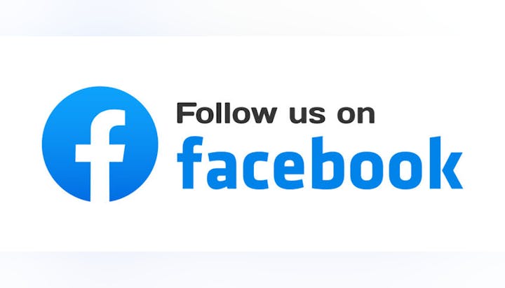 A logo with text "Follow us on Facebook"