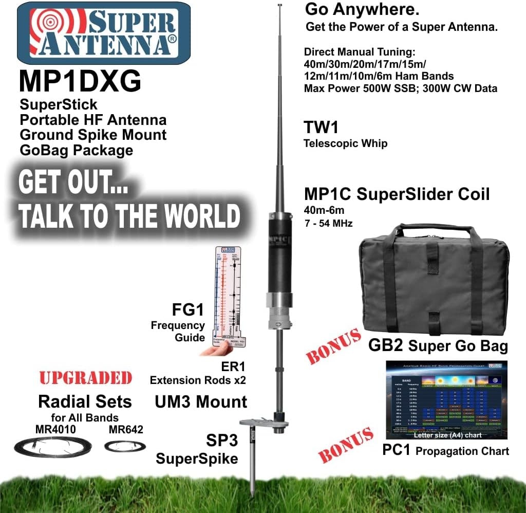Super Antenna MP1DXG package: portable HF antenna, ground spike, frequency guide, telescopic whip, radial sets, Go Bag, and chart.