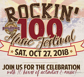 A poster for "Rockin' 100 Music Festival" dated Saturday, Oct 27, 2018, inviting to a 10-hour celebration of activities and music.