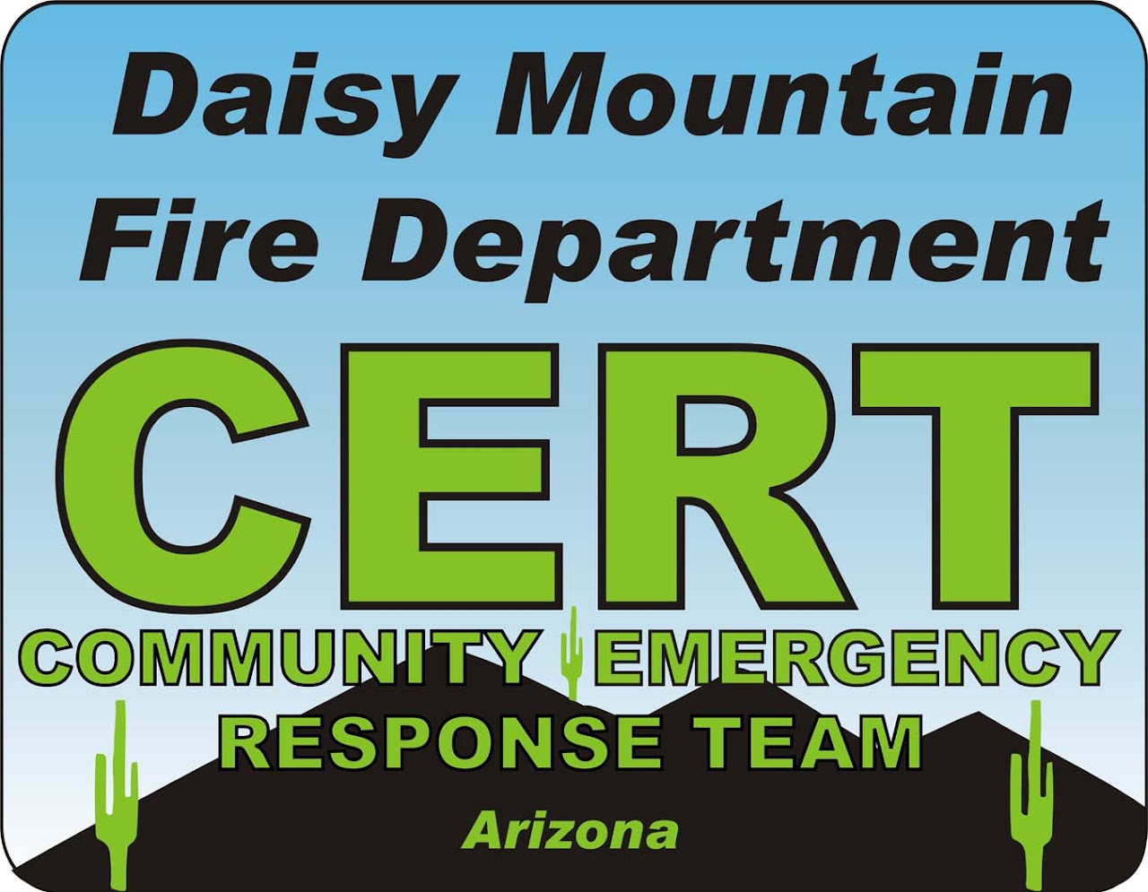 Logo of Daisy Mountain Fire Department's Community Emergency Response Team (CERT) in Arizona, with cacti and mountain silhouette.